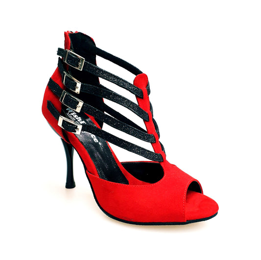 Scarpa da donna Lussuria Wish Dance Shop in camoscio rosso con cinturini glitter nero, tacco spillo smaltato nero.