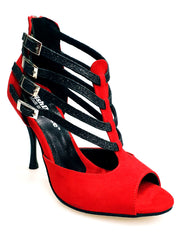 Carica immagine nella Galleria, Lussuria (779) - Scarpa da Donna in Camoscio Rosso Cinturini in Glitter Nero sottopiede Camoscio Rosso con Tacco Spillo Smaltato Nero