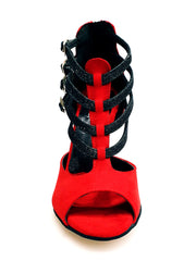 Carica immagine nella Galleria, Lussuria (779) - Scarpa da Donna in Camoscio Rosso Cinturini in Glitter Nero sottopiede Camoscio Rosso con Tacco Spillo Smaltato Nero