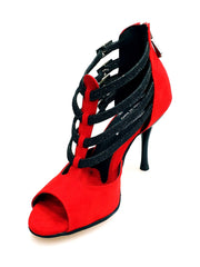 Carica immagine nella Galleria, Lussuria (779) - Scarpa da Donna in Camoscio Rosso Cinturini in Glitter Nero sottopiede Camoscio Rosso con Tacco Spillo Smaltato Nero