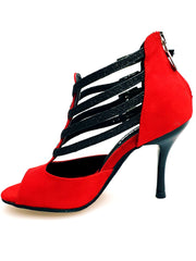 Carica immagine nella Galleria, Lussuria (779) - Scarpa da Donna in Camoscio Rosso Cinturini in Glitter Nero sottopiede Camoscio Rosso con Tacco Spillo Smaltato Nero