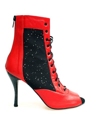 Load image into Gallery viewer, IRENE Red Black - Sandalo a Mezzo Stivaletto con Zip in Pelle Rossa e Pizzo con Paillettes boreali con Tacco a Spillo Smaltato Nero Glitterato