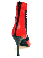 Load image into Gallery viewer, IRENE Red Black - Sandalo a Mezzo Stivaletto con Zip in Pelle Rossa e Pizzo con Paillettes boreali con Tacco a Spillo Smaltato Nero Glitterato