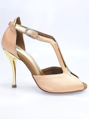 Carica immagine nella Galleria, ELIDE (401) - Scarpa da Donna in Raso Seta Carne con Tacco a Spillo Laminato Oro