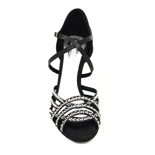 Scarpa da donna Carolin QC Marea L14 in raso seta nero corvino con Swarovski Boreali e tacco a rocchetto slim alto
