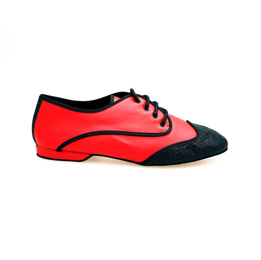 Scarpa jazz Billie Red Devil Wish Dance Shop con punta glitter nera, pelle rossa e profili cro nero, ideale per ballo jazz.