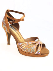 Carica immagine nella Galleria, DELUXE Butterfly (LP2) - Scarpa da Ballo in Raso Seta Bronzo Tan con Swarovski Tacco Basso a Spillo Largo e Plateau Flex