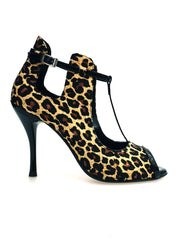 Carica immagine nella Galleria, Jenny (18/06) - Scarpa in seta Beige disegno Laserato Leopardo con dettagli e cinturini in Vernice Nera Tacco a Spillo Smaltato Nero