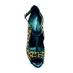 Jenny (18/06) - Scarpa in seta Beige disegno Laserato Leopardo con dettagli e cinturini in Vernice Nera Tacco a Spillo Smaltato Nero
