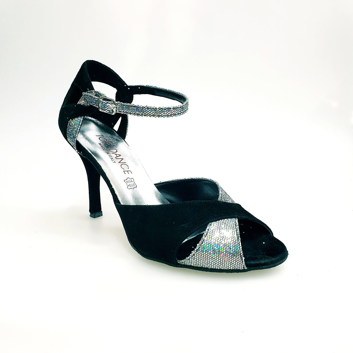Scarpa donna Ely TPDA in camoscio nero Boreale Silver di Wishdance, dettaglio elegante e moderno, vista laterale dell'outfit.