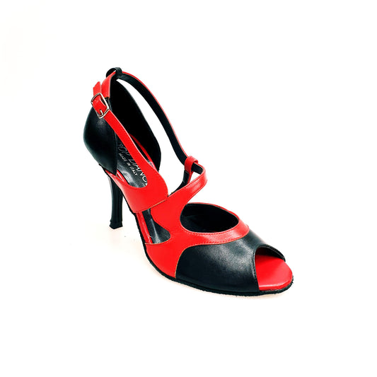 Scarpa da donna Malena (4400) in pelle nera e rossa con tacco glitter nero, elegante e alla moda.