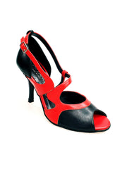 Load image into Gallery viewer, Scarpa da donna Malena (4400) in pelle nera e rossa con tacco glitter nero, elegante e alla moda.