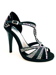 Load image into Gallery viewer, TANIA Superb (accollata) L13P - Scarpa da Ballo in Raso Seta Nero con Swarovski Boreali e Tacco Alto a Spillo Largo in Alluminio Smaltato nero con Plateau Confort Flex