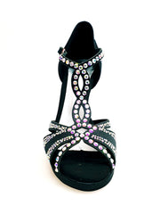 Load image into Gallery viewer, TANIA Superb (accollata) L13P - Scarpa da Ballo in Raso Seta Nero con Swarovski Boreali e Tacco Alto a Spillo Largo in Alluminio Smaltato nero con Plateau Confort Flex