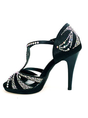 Load image into Gallery viewer, TANIA Superb (accollata) L13P - Scarpa da Ballo in Raso Seta Nero con Swarovski Boreali e Tacco Alto a Spillo Largo in Alluminio Smaltato nero con Plateau Confort Flex