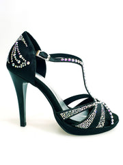 Load image into Gallery viewer, TANIA Superb (accollata) L13P - Scarpa da Ballo in Raso Seta Nero con Swarovski Boreali e Tacco Alto a Spillo Largo in Alluminio Smaltato nero con Plateau Confort Flex