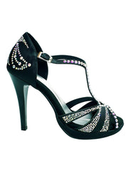 Load image into Gallery viewer, TANIA Superb (accollata) L13P - Scarpa da Ballo in Raso Seta Nero con Swarovski Boreali e Tacco Alto a Spillo Largo in Alluminio Smaltato nero con Plateau Confort Flex