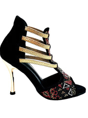 Load image into Gallery viewer, Sara Gold Plus (460PW) - Sandalo da Donna in Camoscio Nero Con Livrea Samakaka Oro tacco a spillo laminato Oro Elastici Oro