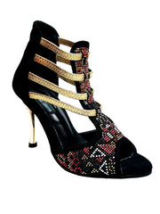 Load image into Gallery viewer, Sara Gold Plus (460PW) - Sandalo da Donna in Camoscio Nero Con Livrea Samakaka Oro tacco a spillo laminato Oro Elastici Oro