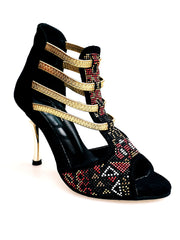 Carica immagine nella Galleria, Sara Gold Plus (460PW) - Sandalo da Donna in Camoscio Nero Con Livrea Samakaka Oro tacco a spillo laminato Oro Elastici Oro