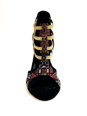 Carica immagine nella Galleria, Sara Gold Plus (460PW) - Sandalo da Donna in Camoscio Nero Con Livrea Samakaka Oro tacco a spillo laminato Oro Elastici Oro