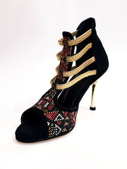 Carica immagine nella Galleria, Sara Gold Plus (460PW) - Sandalo da Donna in Camoscio Nero Con Livrea Samakaka Oro tacco a spillo laminato Oro Elastici Oro