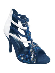 Carica immagine nella Galleria, Viper Blu/White (460PW) - Sandalo da Donna in Camoscio Blu notte Livrea Vipera con borchiette bianche e Nere e Swarovski blu Elastici Bianchi e Blu con Tacco a Spillo Rivestito Pelle Bianca