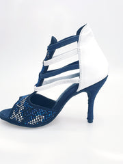 Load image into Gallery viewer, Viper Blu/White (460PW) - Sandalo da Donna in Camoscio Blu notte Livrea Vipera con borchiette bianche e Nere e Swarovski blu Elastici Bianchi e Blu con Tacco a Spillo Rivestito Pelle Bianca