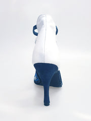 Load image into Gallery viewer, Viper Blu/White (460PW) - Sandalo da Donna in Camoscio Blu notte Livrea Vipera con borchiette bianche e Nere e Swarovski blu Elastici Bianchi e Blu con Tacco a Spillo Rivestito Pelle Bianca