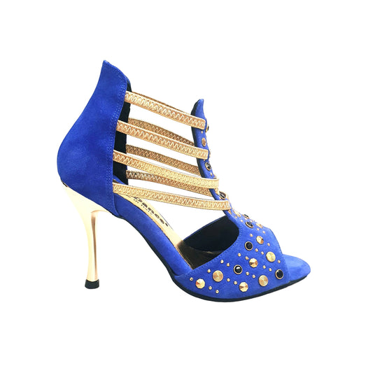Sandalo da Donna in Camoscio Blu Royal Swann Elizabeth Pirata Wish Dance, oro, vista laterale