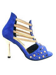 Load image into Gallery viewer, Swann Elizabeth Pirata (460PW) - Sandalo da Donna in Camoscio Blu Royal con Borchie Oro e Swarovski Neri Incastonati elastici Oro tacco a spillo laminato oro