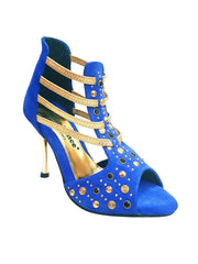 Load image into Gallery viewer, Swann Elizabeth Pirata (460PW) - Sandalo da Donna in Camoscio Blu Royal con Borchie Oro e Swarovski Neri Incastonati elastici Oro tacco a spillo laminato oro