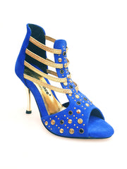 Load image into Gallery viewer, Swann Elizabeth Pirata (460PW) - Sandalo da Donna in Camoscio Blu Royal con Borchie Oro e Swarovski Neri Incastonati elastici Oro tacco a spillo laminato oro