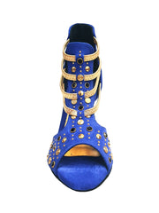 Load image into Gallery viewer, Swann Elizabeth Pirata (460PW) - Sandalo da Donna in Camoscio Blu Royal con Borchie Oro e Swarovski Neri Incastonati elastici Oro tacco a spillo laminato oro