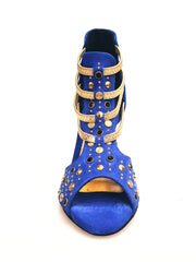 Load image into Gallery viewer, Swann Elizabeth Pirata (460PW) - Sandalo da Donna in Camoscio Blu Royal con Borchie Oro e Swarovski Neri Incastonati elastici Oro tacco a spillo laminato oro
