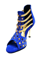 Load image into Gallery viewer, Swann Elizabeth Pirata (460PW) - Sandalo da Donna in Camoscio Blu Royal con Borchie Oro e Swarovski Neri Incastonati elastici Oro tacco a spillo laminato oro