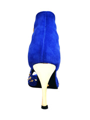 Load image into Gallery viewer, Swann Elizabeth Pirata (460PW) - Sandalo da Donna in Camoscio Blu Royal con Borchie Oro e Swarovski Neri Incastonati elastici Oro tacco a spillo laminato oro