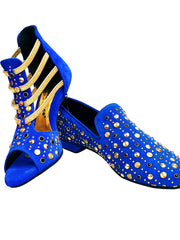 Load image into Gallery viewer, Swann Elizabeth Pirata (460PW) - Sandalo da Donna in Camoscio Blu Royal con Borchie Oro e Swarovski Neri Incastonati elastici Oro tacco a spillo laminato oro