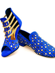 Load image into Gallery viewer, Swann Elizabeth Pirata (460PW) - Sandalo da Donna in Camoscio Blu Royal con Borchie Oro e Swarovski Neri Incastonati elastici Oro tacco a spillo laminato oro