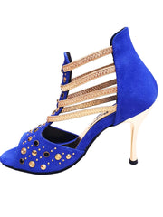 Load image into Gallery viewer, Swann Elizabeth Pirata (460PW) - Sandalo da Donna in Camoscio Blu Royal con Borchie Oro e Swarovski Neri Incastonati elastici Oro tacco a spillo laminato oro