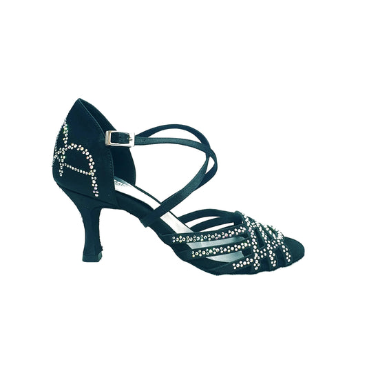 Scarpa da donna Carolin QC Marea L14 in raso seta nero corvino con Swarovski Boreali e tacco a rocchetto slim basso