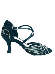 Carica immagine nella Galleria, CAROLIN QC (Marea L14) - Scarpa Da Donna Linea Bi-Flex in Raso Seta Nero Corvino Con Swarovski Boreali e Tacco a Rocchetto/Slim Latino Basso