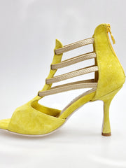 Carica immagine nella Galleria, GIOVANNA (460ZIP PW) - Sandalo da Donna in Camoscio Giallo con zip ed elastici Oro Tacco a Rocchetto Slim