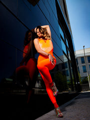 Carica immagine nella Galleria, ANDREA Geneve (Arancio Fluò) - Jumpsuit in Microfibra Bielastica Traspirante Modellante Contenitiva Conteinment colore Arancio Fluò con ciniglia Bielastica arancio fluò puntinata glitte argento