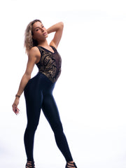 Load image into Gallery viewer, SILVIA Princess (Gold) - Jumpsuit Ciniglia Bielastica Nera intarsi Oro Sopra e Microfibra Traspirante Bielastica Nera Modellante Contenitiva Containment sotto