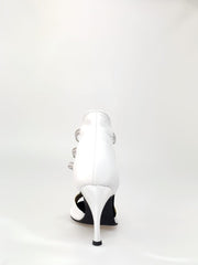 Carica immagine nella Galleria, MILITE Silver (460PW) - Sandalo da Donna in Pelle Bianca con Elastici Argento e Tacco a spillo laminato Argento