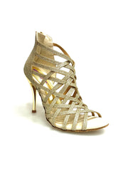 Carica immagine nella Galleria, Sandalo da donna Intrigo 780 Wish Dance Shop in glitter platino con tacco a spillo laminato oro platino, dettagli eleganti e luminosi