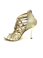 Carica immagine nella Galleria, Sandalo da donna Intrigo (780) Wish Dance Shop in glitter platino con tacco a spillo laminato oro platino, dettaglio elegante e brillante
