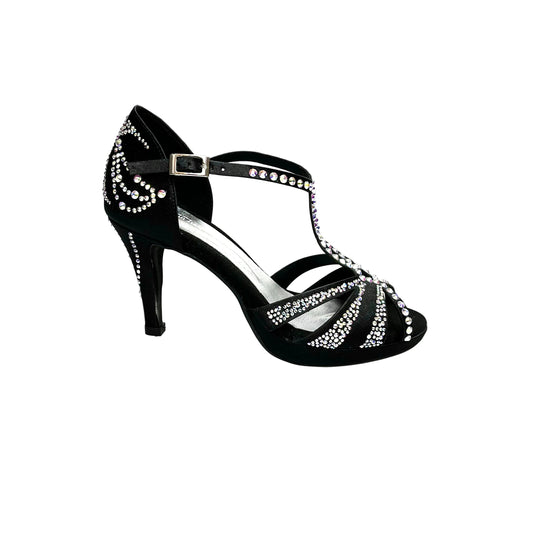Scarpa da ballo in raso seta nero Wish Dance Shop Tania Superb L13P con Swarovski Boreali e tacco basso a spillo largo