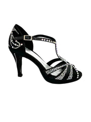 Load image into Gallery viewer, CAMILA Superb (accollata) L13P - Dance Shoe in Black Satin Silk with Boreal Swarovski and Wide Low Stiletto Heel with Plateau